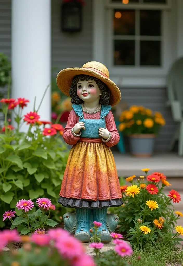 30 Front Porch Garden Ideas with Flower Beds to Welcome Guests - 15. Colorful Garden Statues