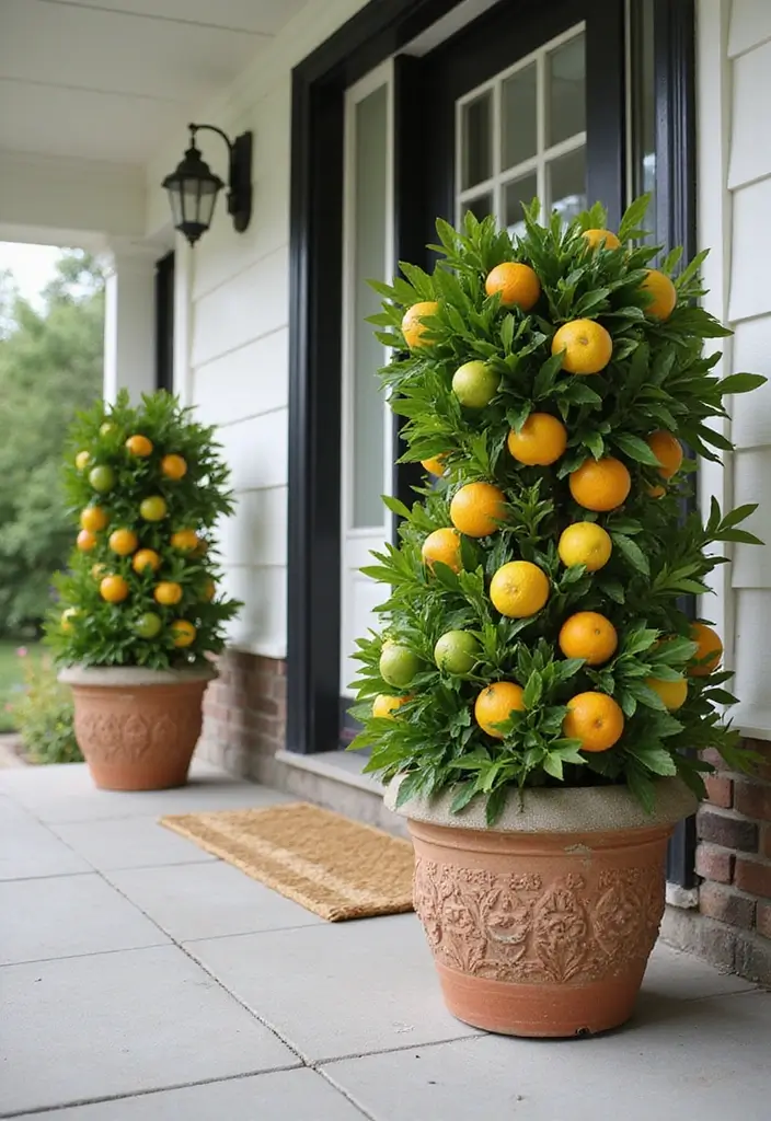 30 Front Porch Garden Ideas with Flower Beds to Welcome Guests - 19. Potted Citrus Trees
