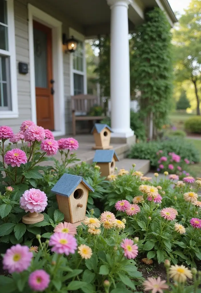30 Front Porch Garden Ideas with Flower Beds to Welcome Guests - 21. Charming Birdhouses