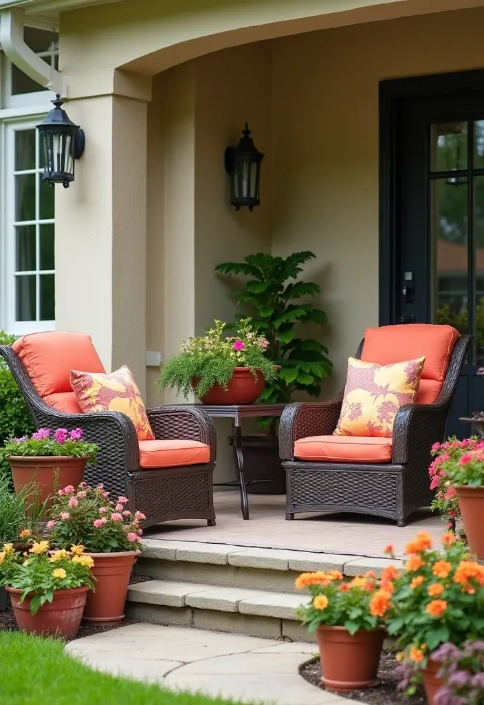 30 Front Porch Garden Ideas with Flower Beds to Welcome Guests - 22. Patio Furniture Accents