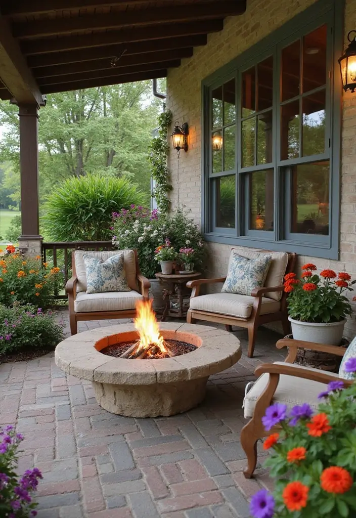 30 Front Porch Garden Ideas with Flower Beds to Welcome Guests - 28. Cozy Fire Pit Area