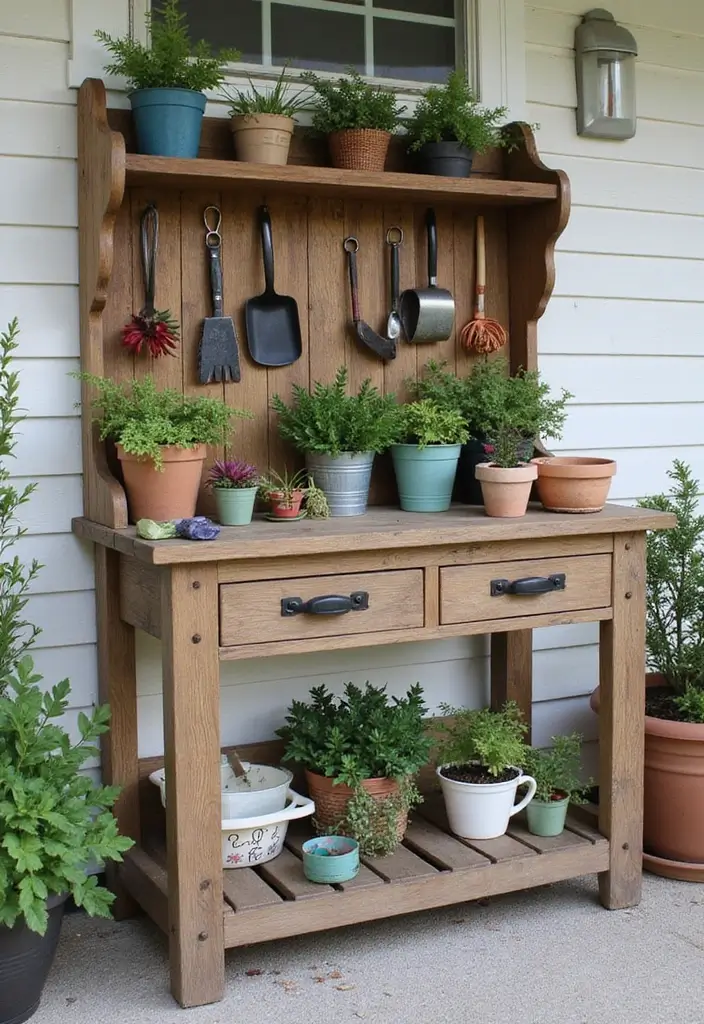 30 Front Porch Garden Ideas with Flower Beds to Welcome Guests - 29. Custom Potting Benches