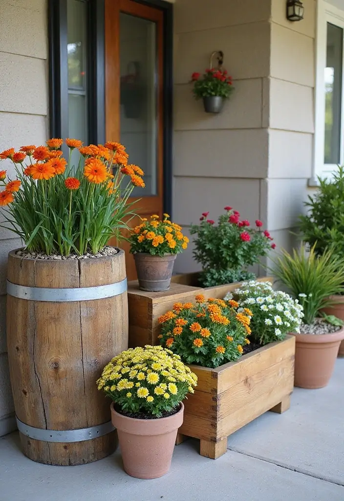 30 Front Porch Garden Ideas with Flower Beds to Welcome Guests - 6. Rustic Wooden Planters