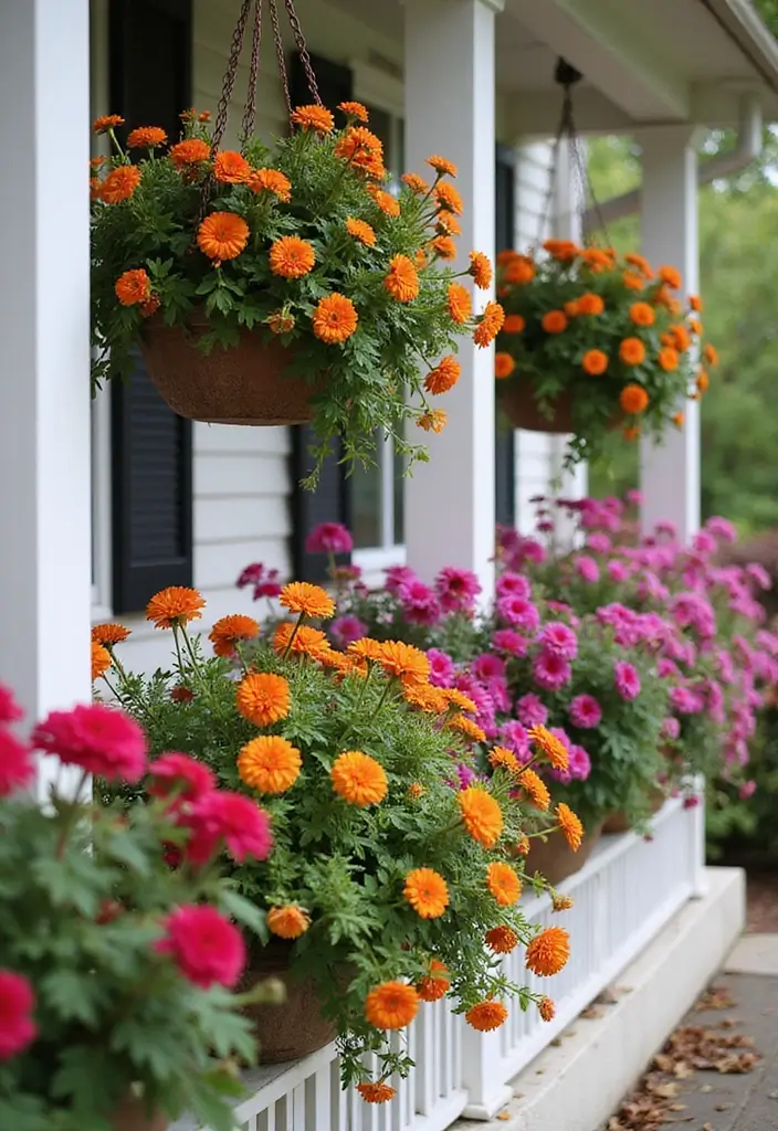 30 Front Porch Garden Ideas with Flower Beds to Welcome Guests - 8. Hanging Flower Baskets