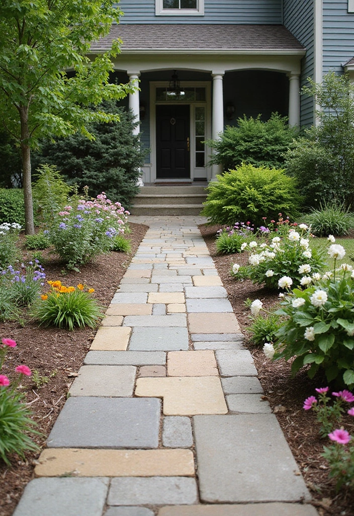 30 Front Porch Garden Ideas with Flower Beds to Welcome Guests - 9. Stone Pathways Through Flower Beds