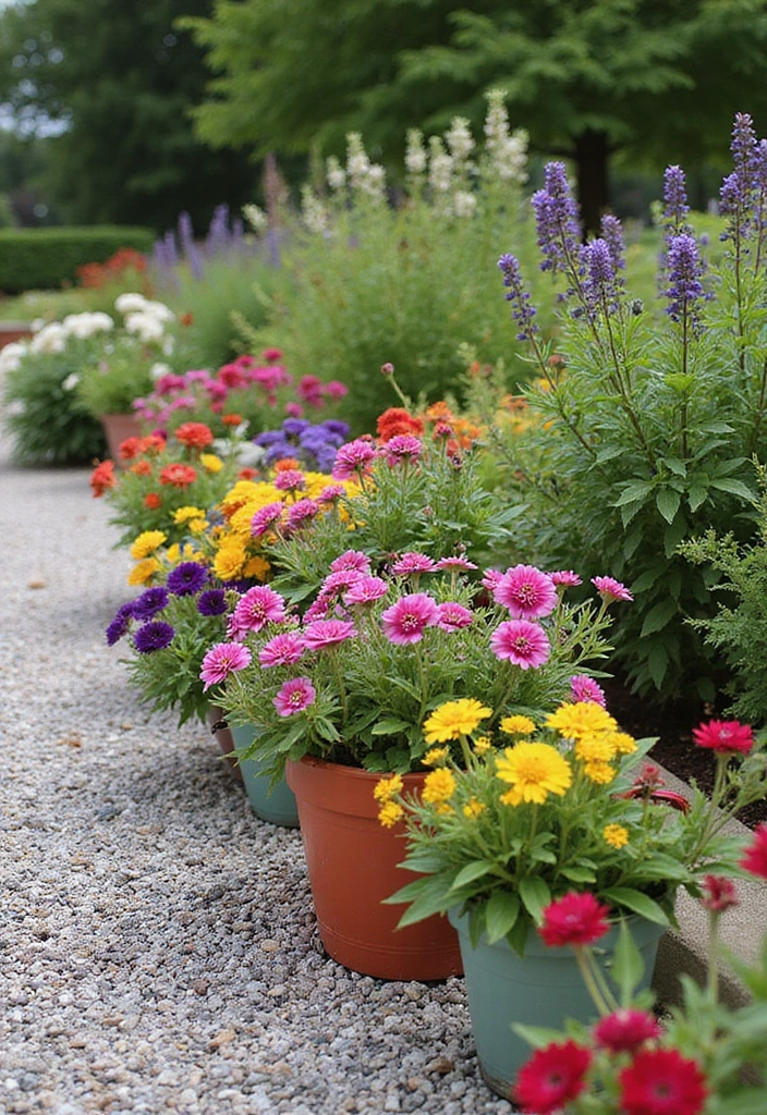 30+ Gravel Flower Bed Ideas That Are Low Maintenance and Beautiful - 17. Colorful Container Accents