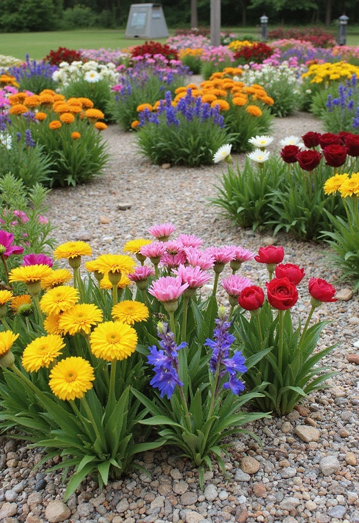 30+ Gravel Flower Bed Ideas That Are Low Maintenance and Beautiful - 18. Seasonal Blooming Strategy