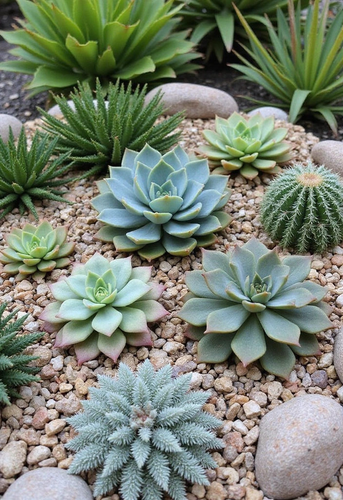30+ Gravel Flower Bed Ideas That Are Low Maintenance and Beautiful - 28. Low-Water Succulent Display