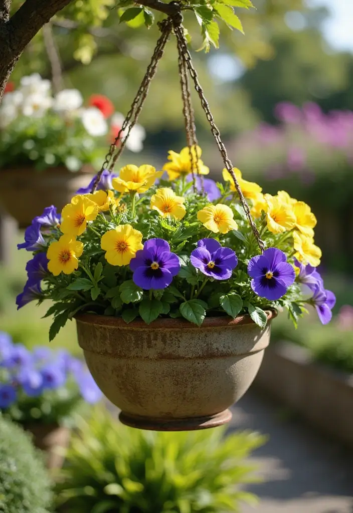 30 Hanging Flower Basket Ideas That Add Charm to Any Space - 11. Colorful Viola Mix