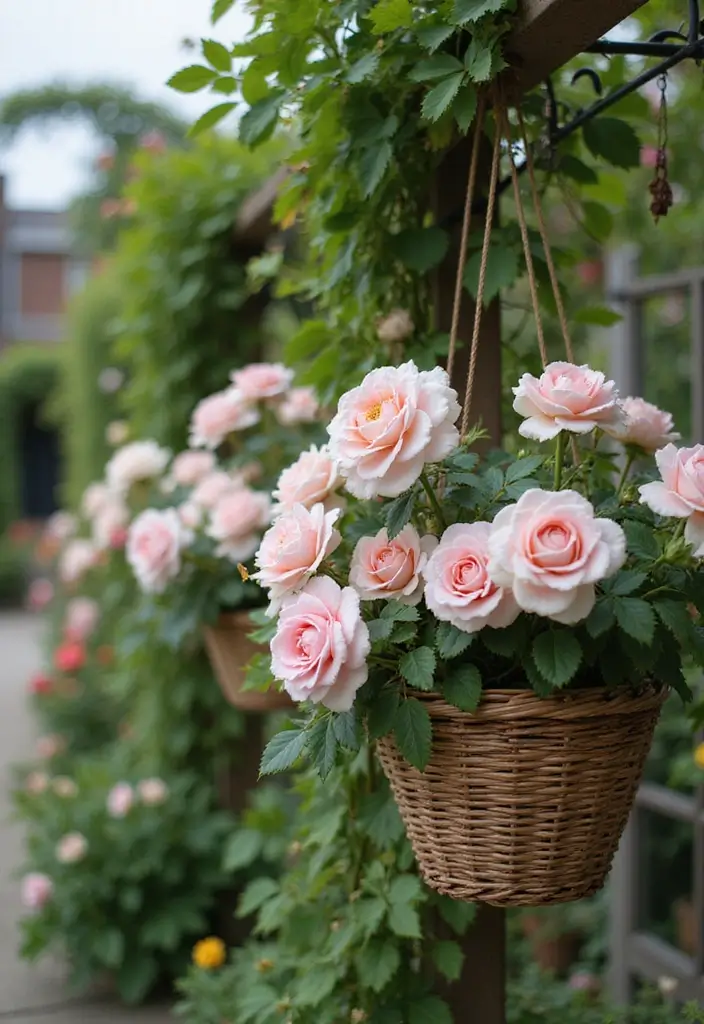 30 Hanging Flower Basket Ideas That Add Charm to Any Space - 12. Dazzling Climbing Roses