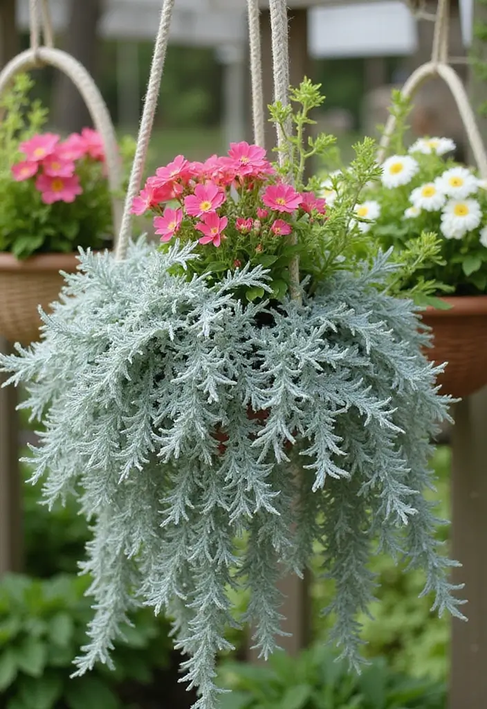 30 Hanging Flower Basket Ideas That Add Charm to Any Space - 28. Soft and Fluffy Dusty Miller