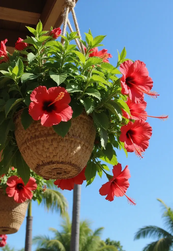 30 Hanging Flower Basket Ideas That Add Charm to Any Space - 3. Tropical Hibiscus Charm