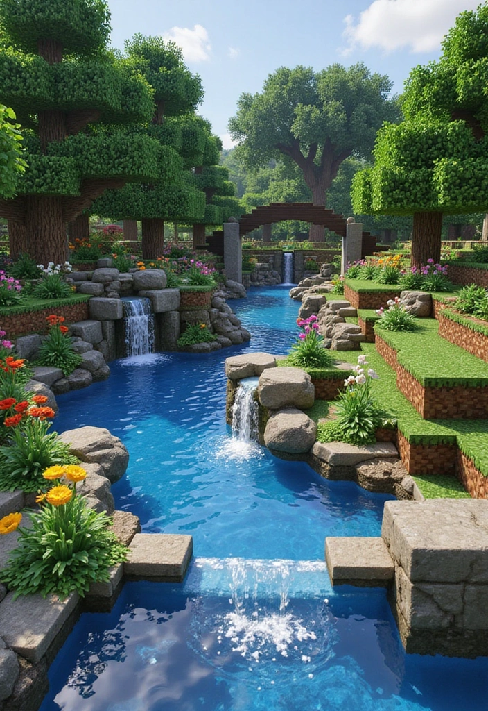 30+ Minecraft Flower Garden Builds to Inspire Your Next Creation - 22. Garden with Water Features
