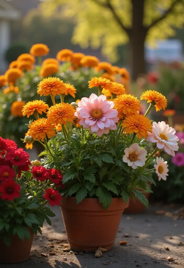30 Mixed Flower Pot Arrangements That Impress Guests Instantly 10 30 Mixed Flower Pot Arrangements That Impress Guests Instantly - 10. Sunset Palette