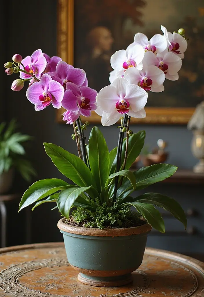 30 Mixed Flower Pot Arrangements That Impress Guests Instantly 15 30 Mixed Flower Pot Arrangements That Impress Guests Instantly - 15. Elegant Orchid Display