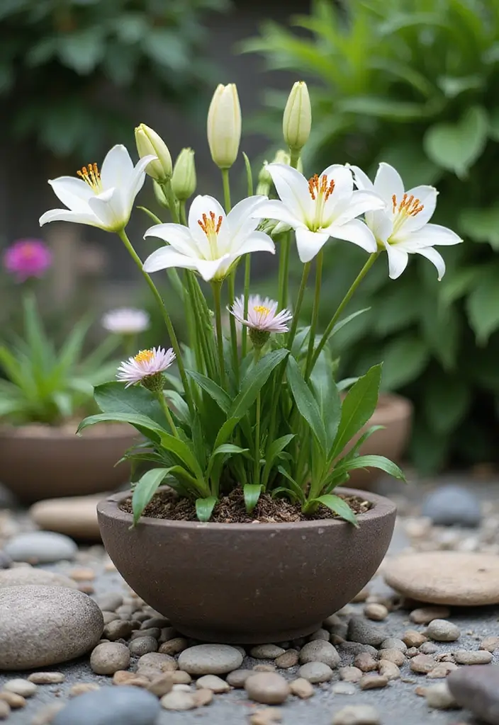 30 Mixed Flower Pot Arrangements That Impress Guests Instantly 17 30 Mixed Flower Pot Arrangements That Impress Guests Instantly - 17. Zen Garden Inspiration