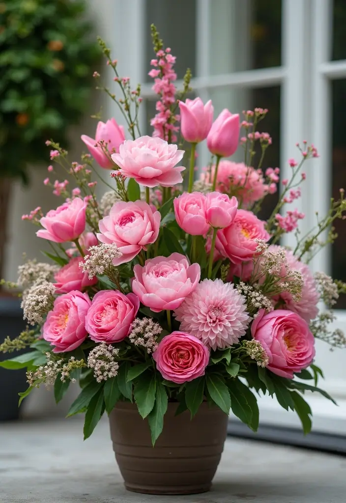 30 Mixed Flower Pot Arrangements That Impress Guests Instantly 25 30 Mixed Flower Pot Arrangements That Impress Guests Instantly - 25. Monochromatic Magic