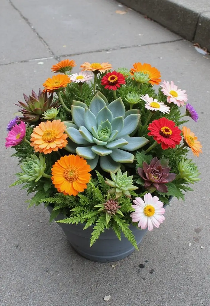 30 Mixed Flower Pot Arrangements That Impress Guests Instantly 7 30 Mixed Flower Pot Arrangements That Impress Guests Instantly - 7. Succulent and Bloom Combo