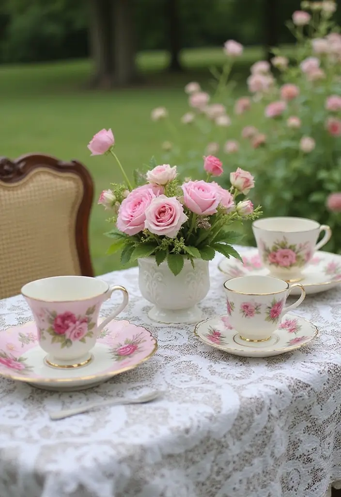 30 Mixed Flower Pot Arrangements That Impress Guests Instantly 8 30 Mixed Flower Pot Arrangements That Impress Guests Instantly - 8. Vintage Tea Party