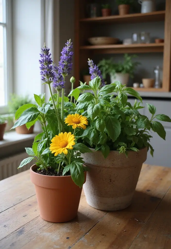 30 Mixed Flower Pot Arrangements That Impress Guests Instantly 9 30 Mixed Flower Pot Arrangements That Impress Guests Instantly - 9. Rustic Herb and Flower Combo
