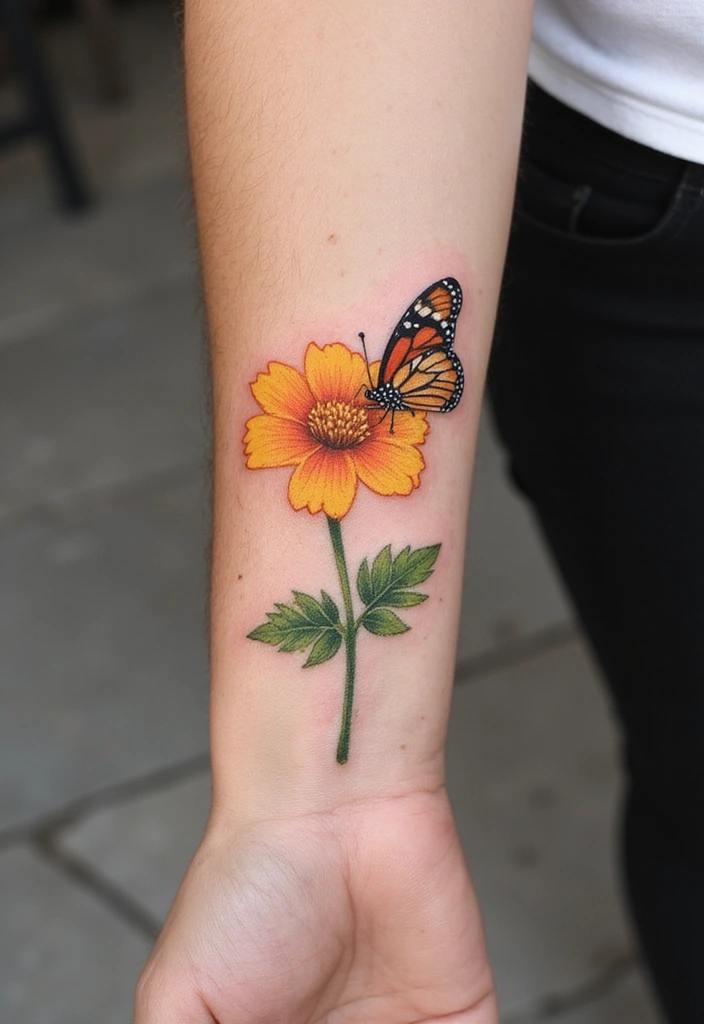 30 October Birth Flower Tattoo Ideas Featuring Marigold - 10. Marigold and Butterfly