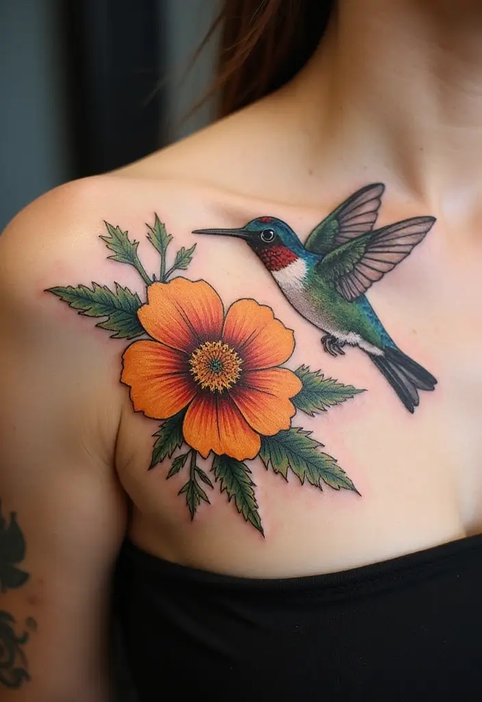 30 October Birth Flower Tattoo Ideas Featuring Marigold - 11. Marigold and Hummingbird