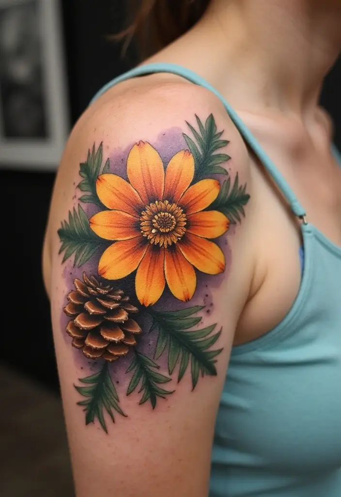 30 October Birth Flower Tattoo Ideas Featuring Marigold - 13. Marigold and Pinecone