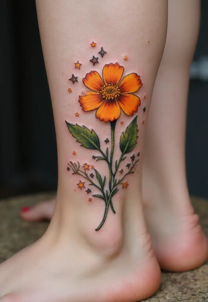 30 October Birth Flower Tattoo Ideas Featuring Marigold - 15. Marigold and Star Design