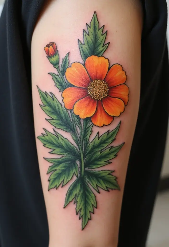 30 October Birth Flower Tattoo Ideas Featuring Marigold - 16. Marigold and Leaf Design