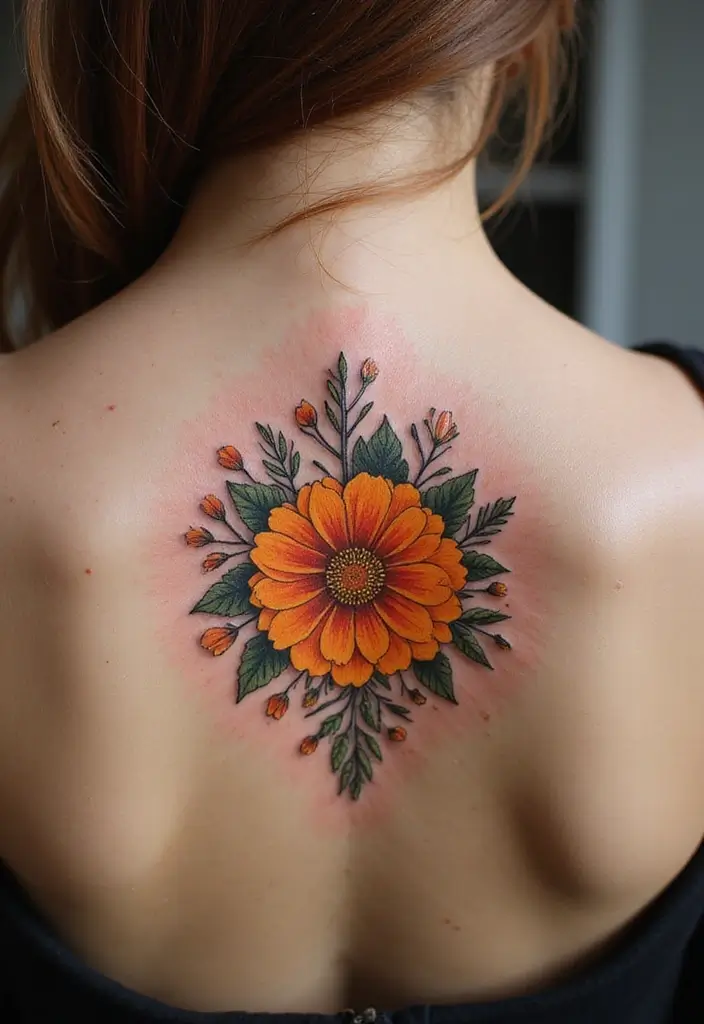 30 October Birth Flower Tattoo Ideas Featuring Marigold - 17. Circular Marigold Design