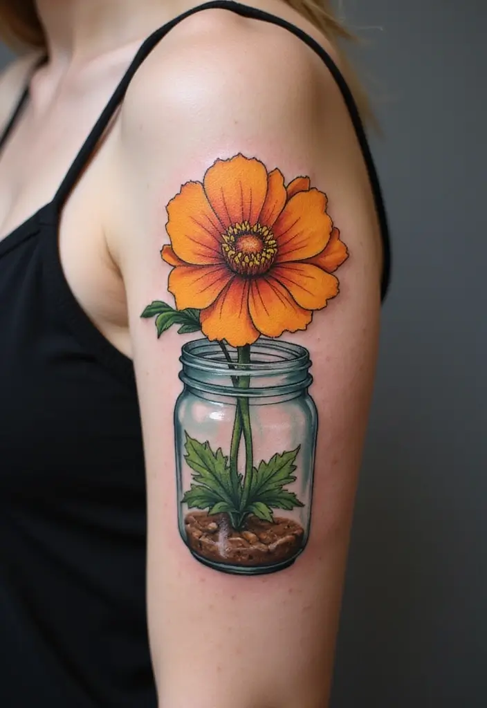30 October Birth Flower Tattoo Ideas Featuring Marigold - 18. Marigold in a Jar
