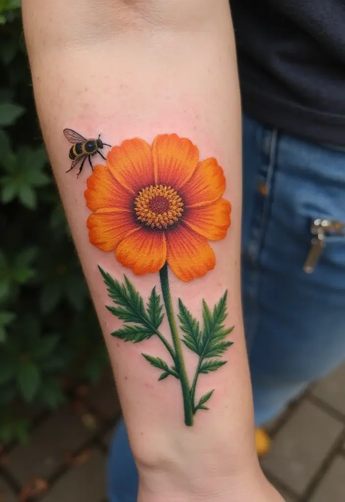 30 October Birth Flower Tattoo Ideas Featuring Marigold - 19. Marigold and Bee Design