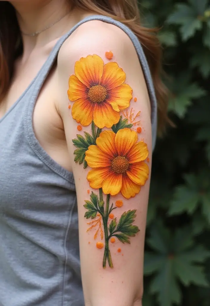 30 October Birth Flower Tattoo Ideas Featuring Marigold - 2. Watercolor Marigold Burst