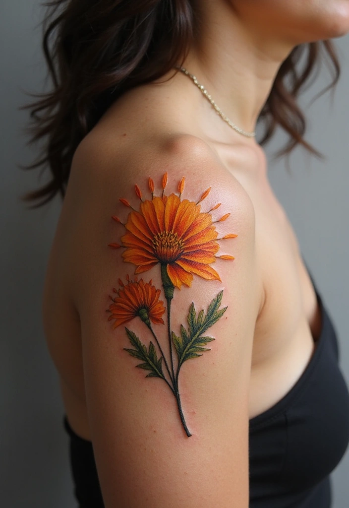 30 October Birth Flower Tattoo Ideas Featuring Marigold - 20. Marigold and Sun Design