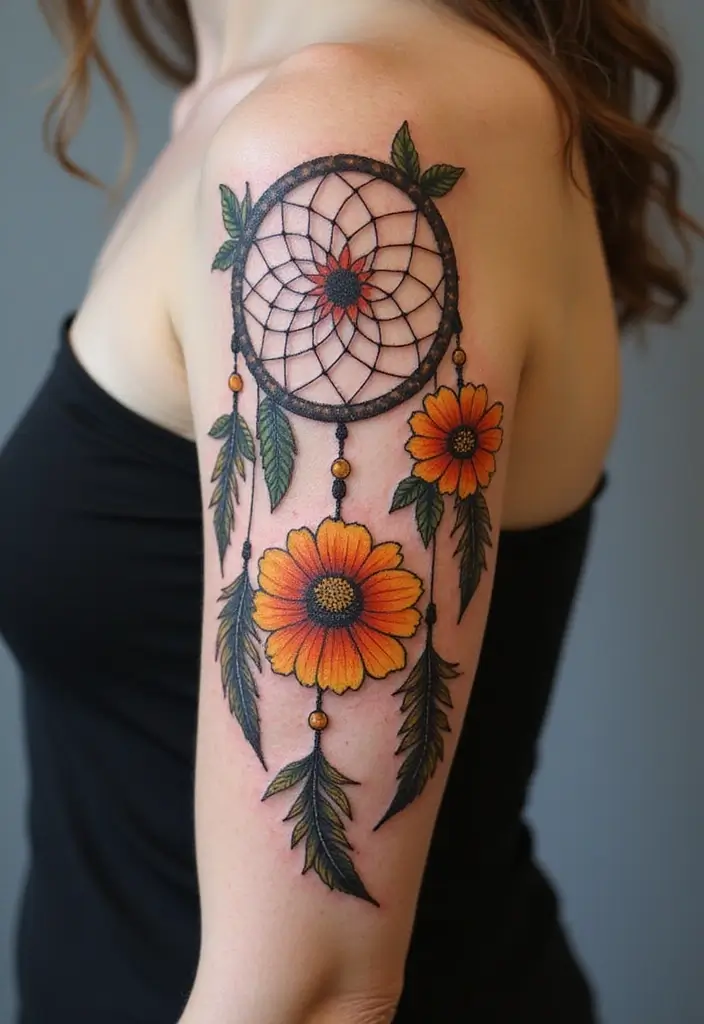 30 October Birth Flower Tattoo Ideas Featuring Marigold - 21. Marigold and Dreamcatcher