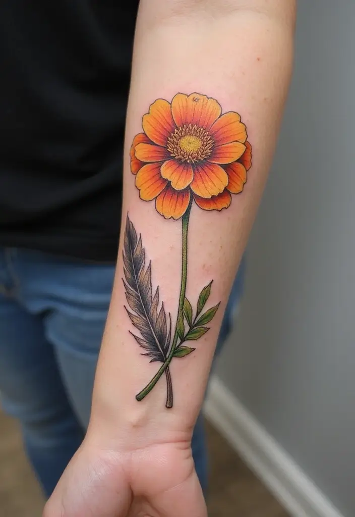 30 October Birth Flower Tattoo Ideas Featuring Marigold - 22. Marigold and Feather