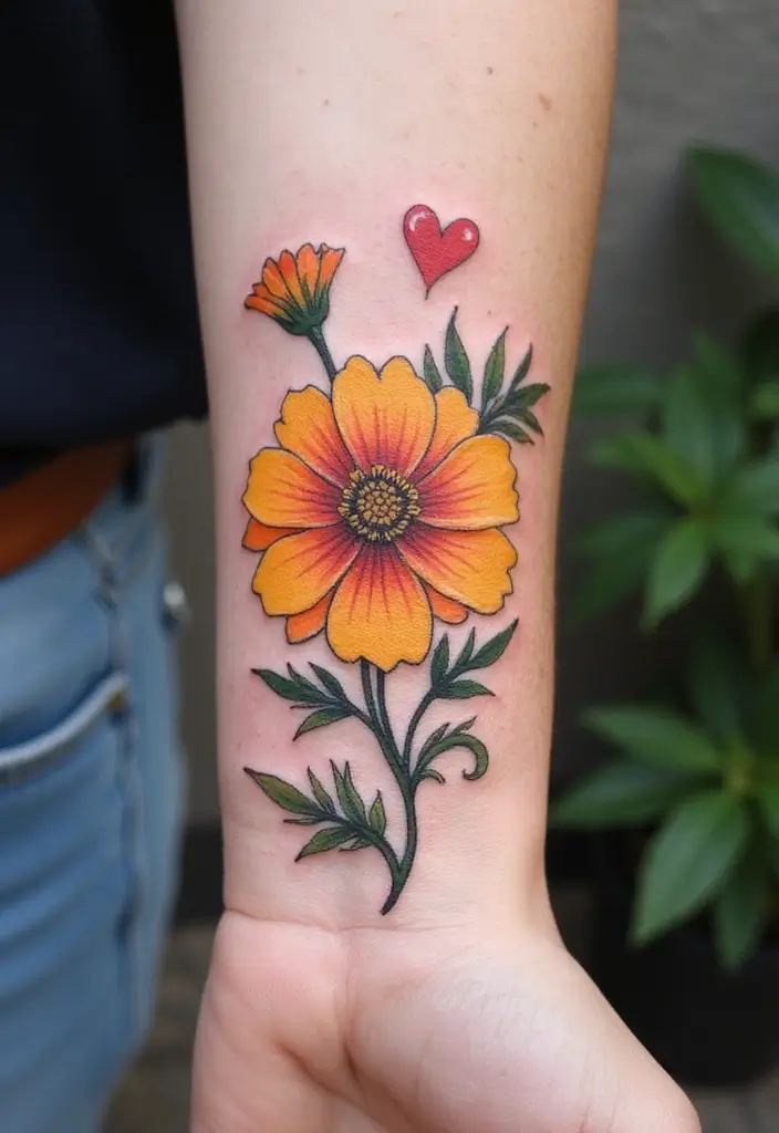 30 October Birth Flower Tattoo Ideas Featuring Marigold - 23. Marigold with Heart