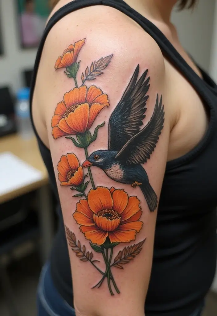30 October Birth Flower Tattoo Ideas Featuring Marigold - 25. Marigold and Bird
