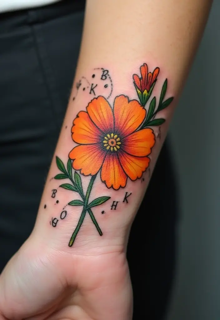 30 October Birth Flower Tattoo Ideas Featuring Marigold - 28. Marigold with Initials