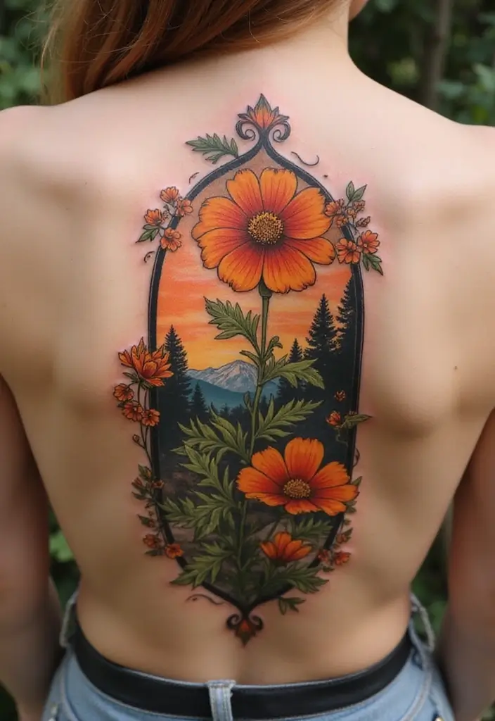 30 October Birth Flower Tattoo Ideas Featuring Marigold - 29. Marigold with Nature Scene