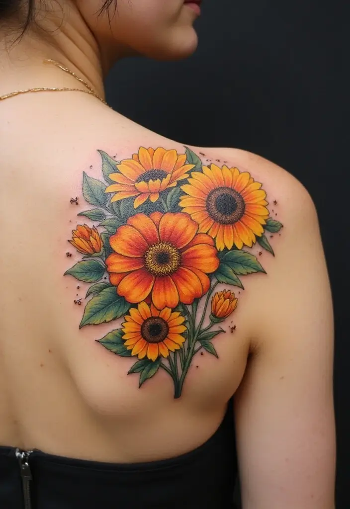 30 October Birth Flower Tattoo Ideas Featuring Marigold - 30. Marigold with Sunflowers
