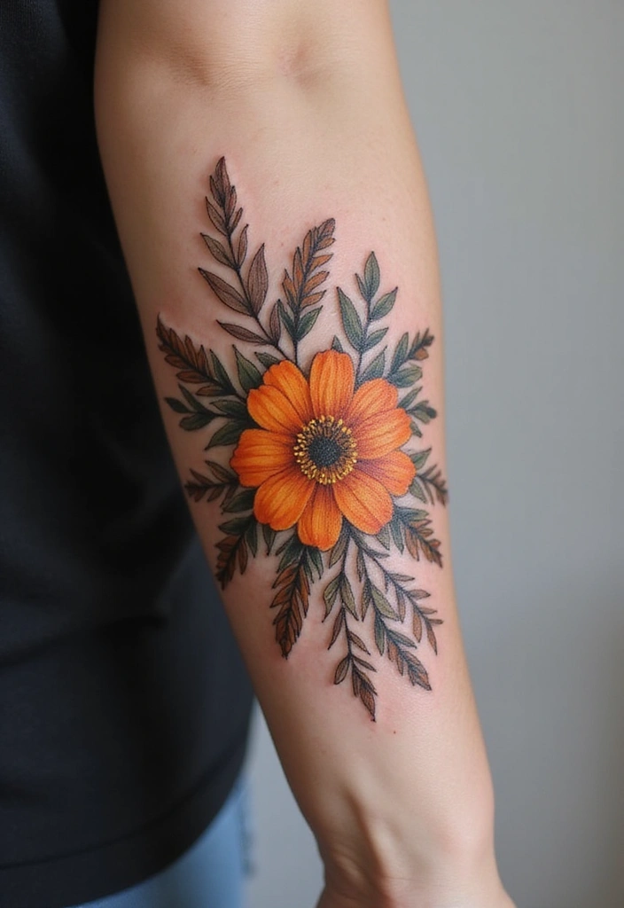 30 October Birth Flower Tattoo Ideas Featuring Marigold - 4. Boho Marigold Arrangement