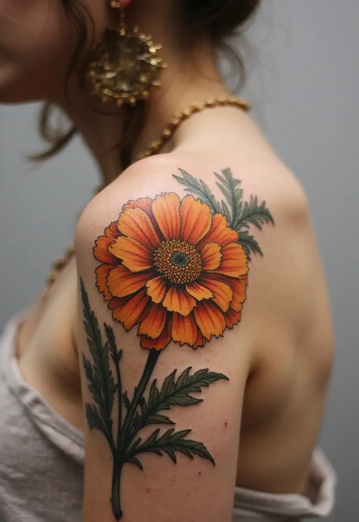 30 October Birth Flower Tattoo Ideas Featuring Marigold - 5. Vintage Marigold Ink
