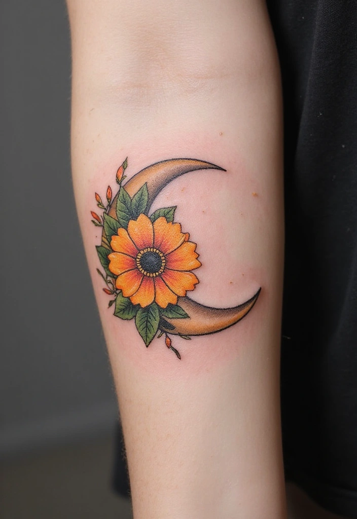 30 October Birth Flower Tattoo Ideas Featuring Marigold - 6. Marigold & Moon