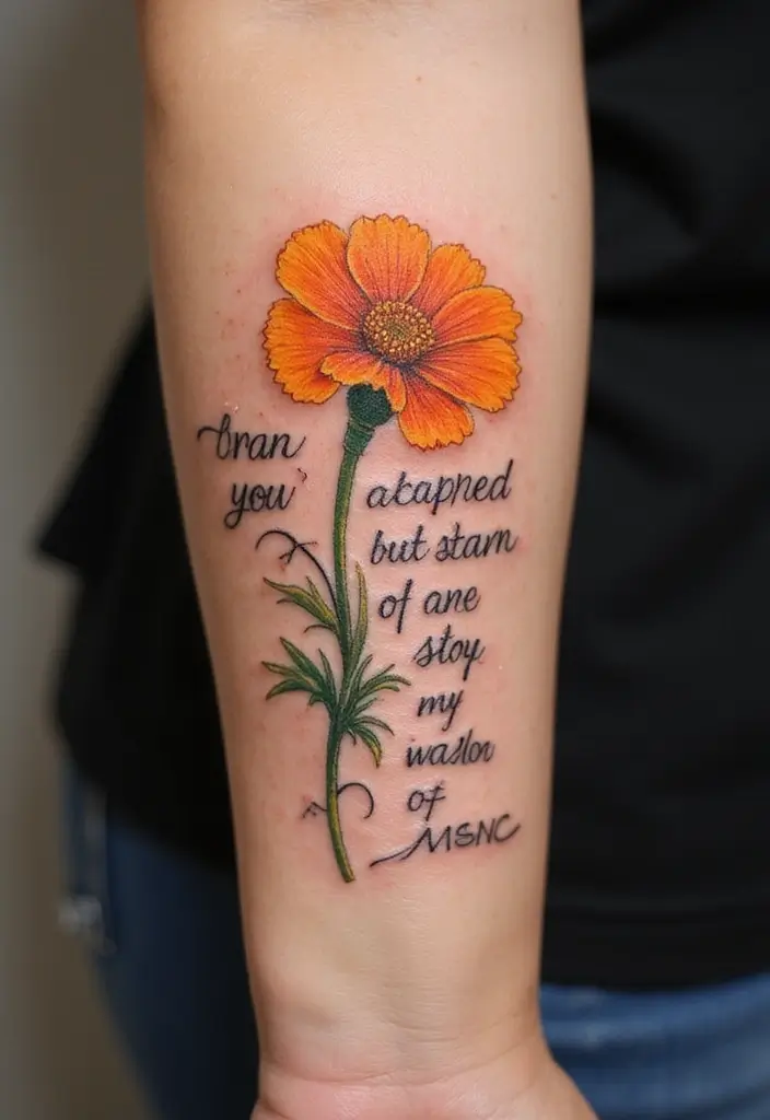 30 October Birth Flower Tattoo Ideas Featuring Marigold - 8. Marigold with Inspirational Quote