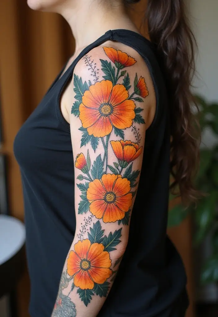 30 October Birth Flower Tattoo Ideas Featuring Marigold - 9. Half Sleeve Marigold