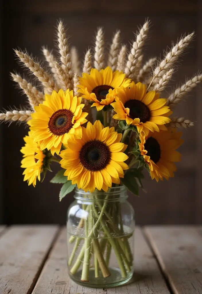 30 October Flower Bouquet Inspirations Youll Fall in Love With 1. Rustic Charm Dried Sunflowers and Wheat