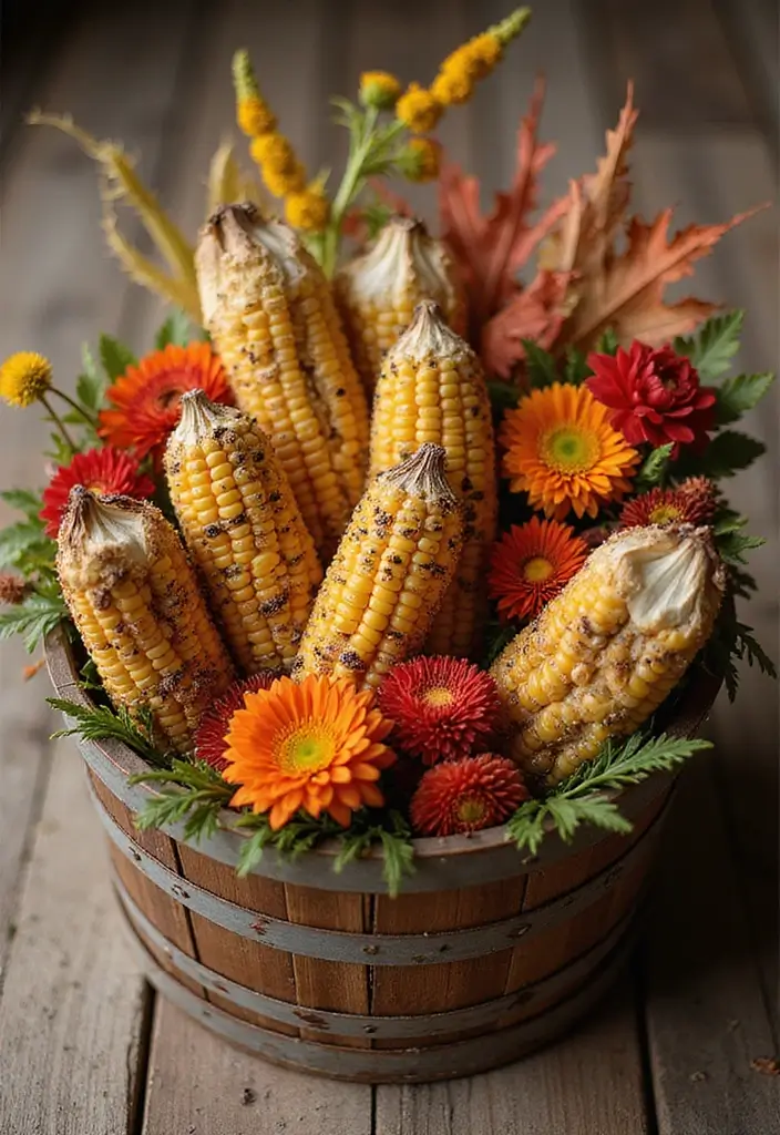 30 October Flower Bouquet Inspirations Youll Fall in Love With 16. Harvest Festival Corn and Flower Arrangement