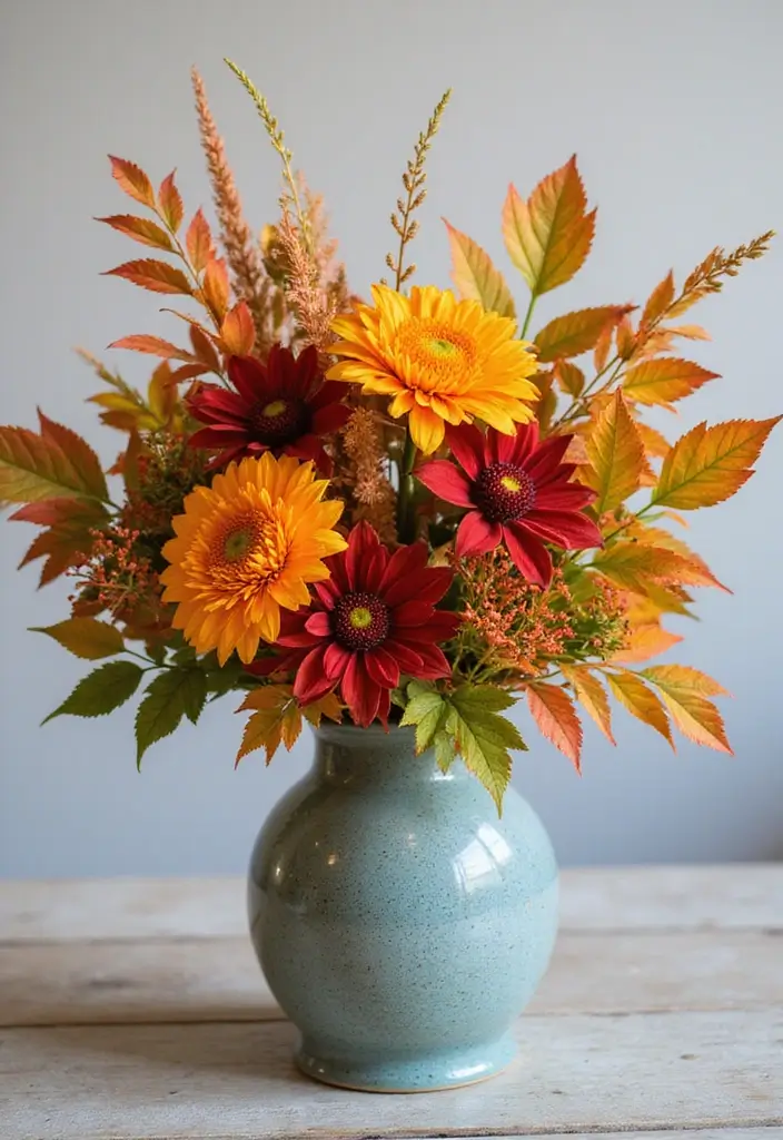 30 October Flower Bouquet Inspirations Youll Fall in Love With 23. Playful Arrangement Multi Colored Leaves and Blooms