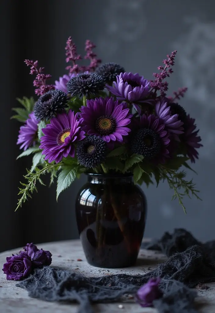 30 October Flower Bouquet Inspirations Youll Fall in Love With 6. Halloween Inspired Black and Purple Blooms